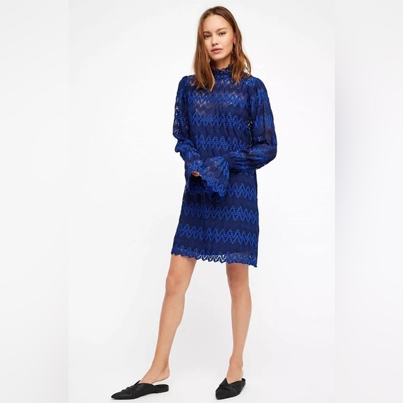 Free People Simone Blue Crochet Mini Dress With Lace Bell Sleeves Size Small - Picture 4 of 15